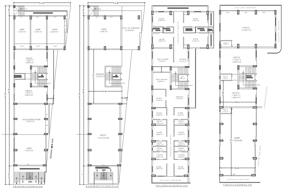 13.78m x 43.35m Shop, Office, Hotel Plan with Malti Floor Design – AUTOCAD DWG File
