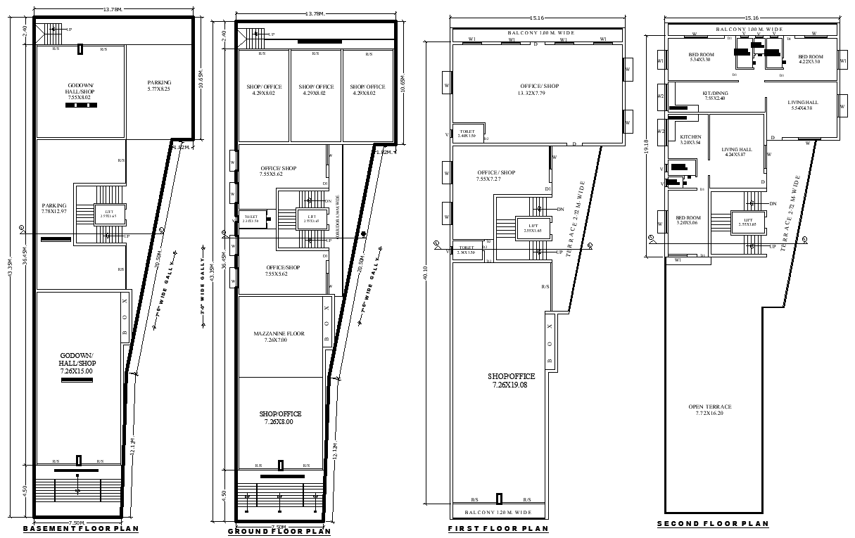 13.78m x 43.35m Shop, Office & house plan With Multi-Level Floor Plan AUTOCAD DWG 