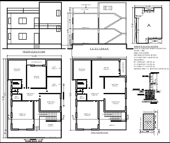 13.81x10.50m Bungalow Plan DWG File with Shops, Parking, and Layout