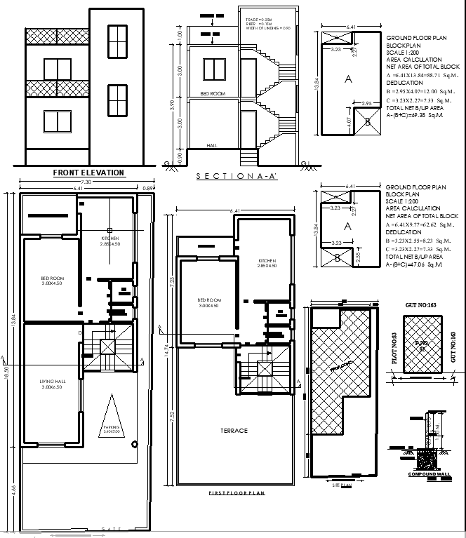 13.84x6.41m Residential Building Plan CAD Layout Floor and Elevation