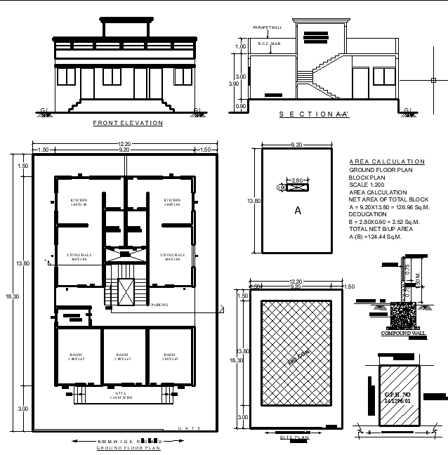 13.8x9.2m Residential AutoCAD Plan with Elevation and Section