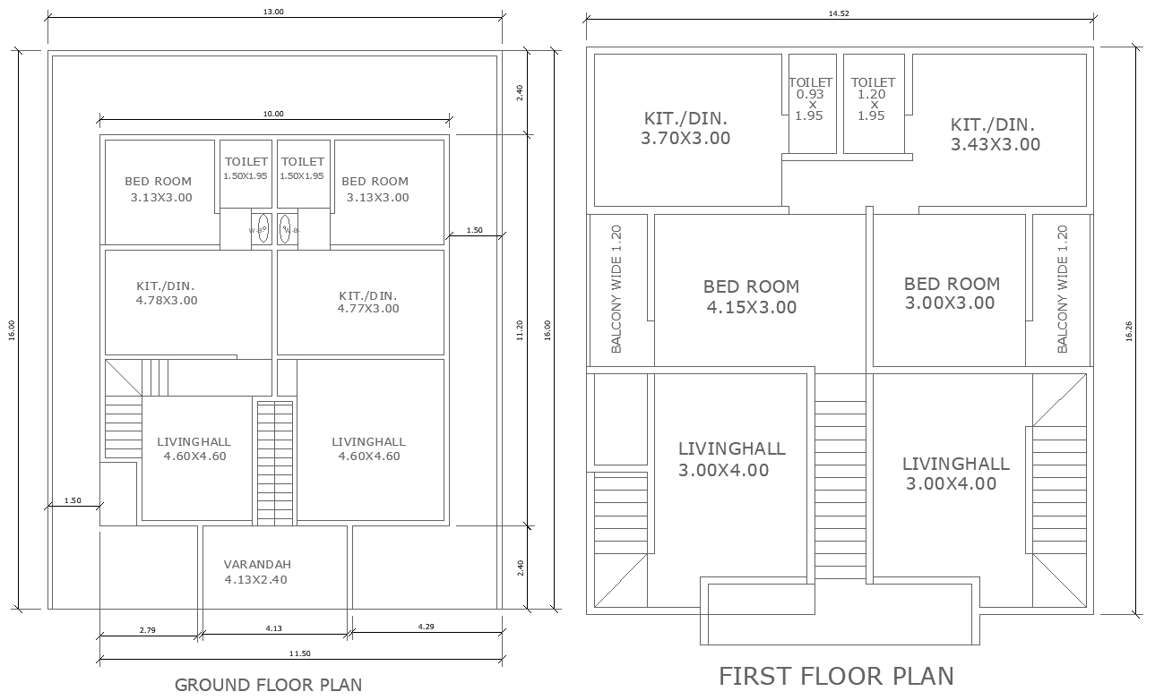 13mx16m House Design with Ground and First Floor in DWG File