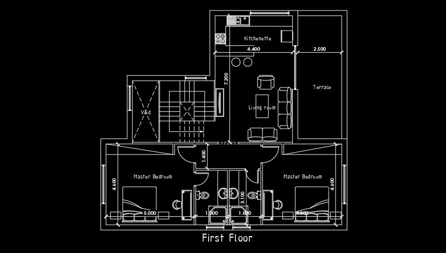 13x12m 2bhk first floor house plan is given in this AutoCAD drawing