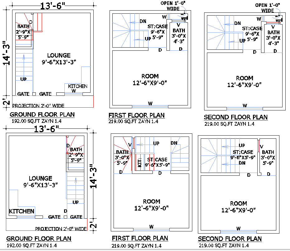 Detailed 13x14 Small Multi-Story House Plan in DWG Format