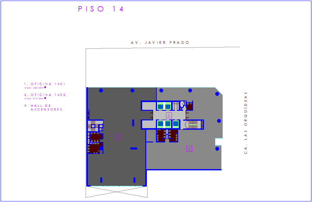 14 floor plan with architectural view of office dwg file