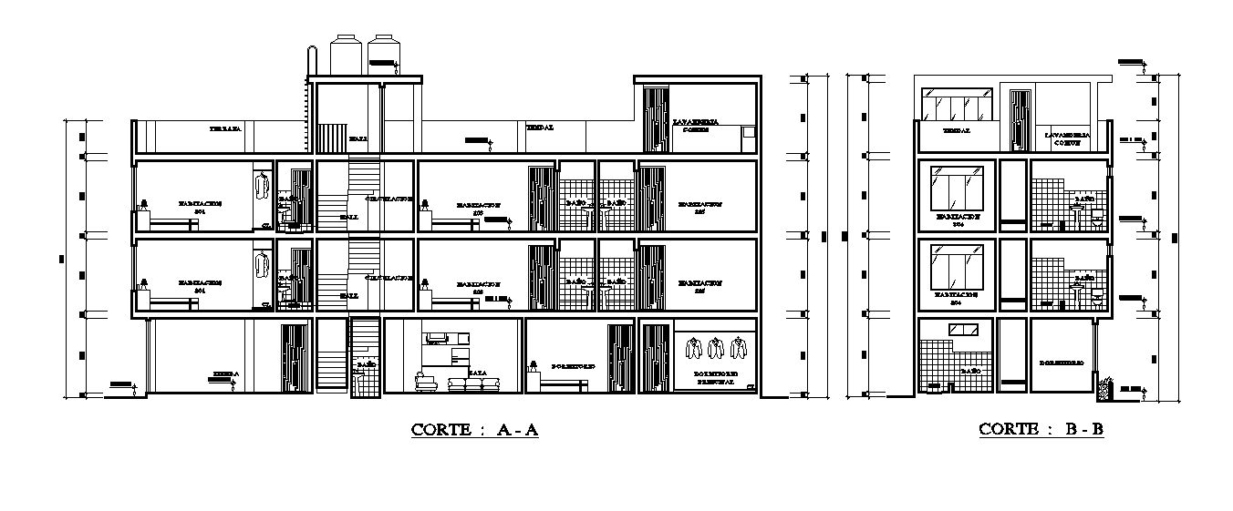 140 Square Meter Hotel Building Section Drawing DWG File