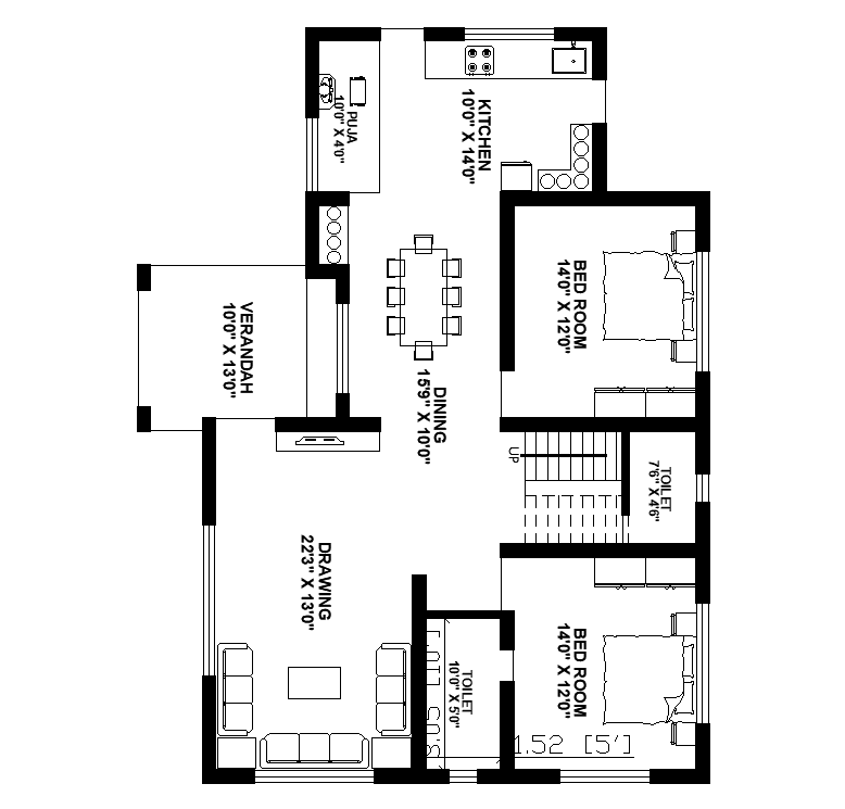 14'X12' House Ground Floor Plan AutoCAD Drawing Download DWG File