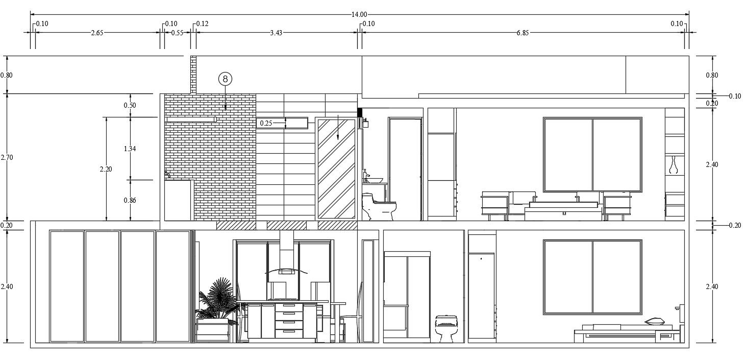 14X12 Meter House Building section drawing Download DWG File