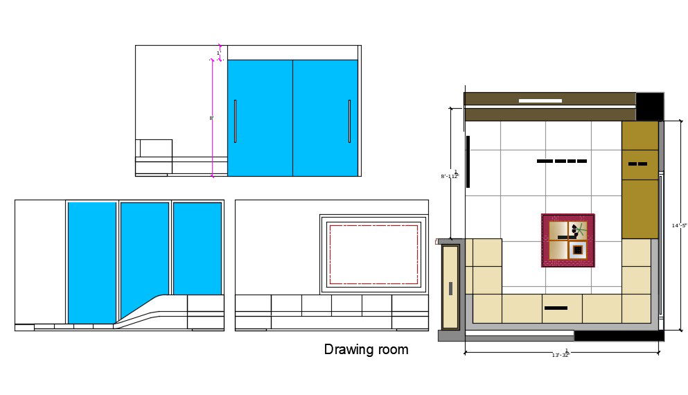 14X13 Ft Drawing Room Plan With Elevation Drawing Free DWG File