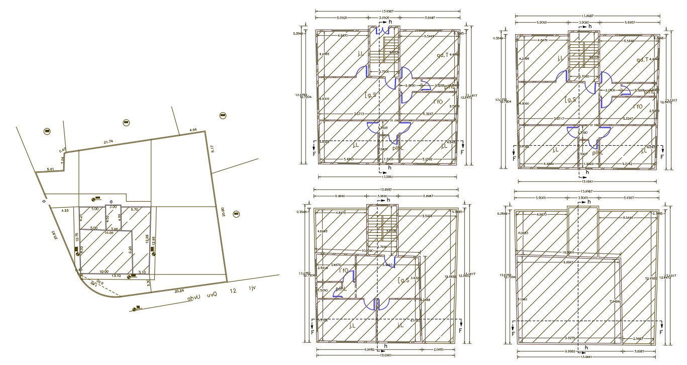 14 X 14 Meters 3 Storey House Plan CAD Drawing