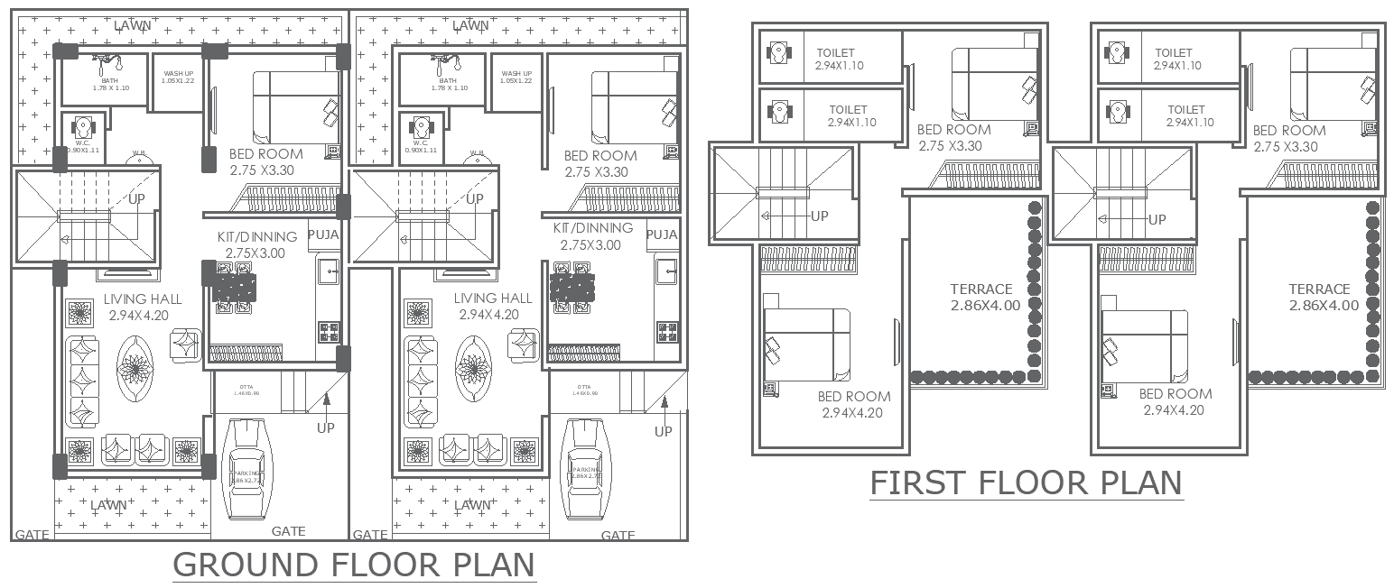 14ft to 11ft Ground and First Floor House Plan Design AutoCAD DWG Download