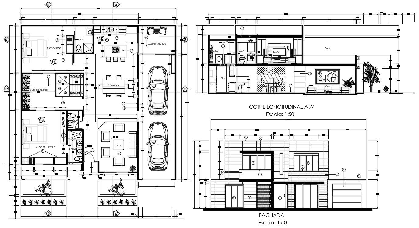 14mX12m House Ground Floor plan And Sectional Elevation Design DWG File