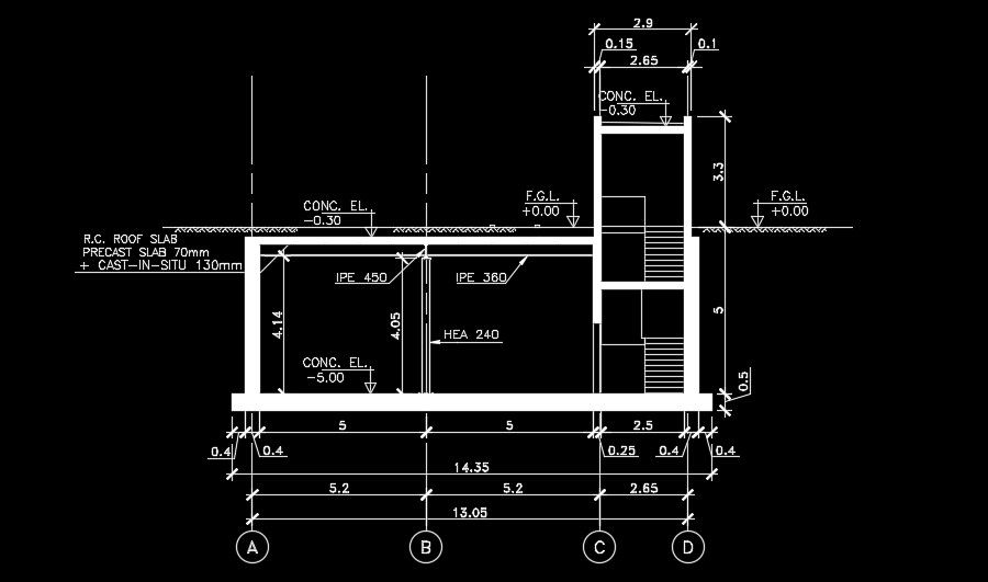14m length of the industrial building slab AutoCAD drawing