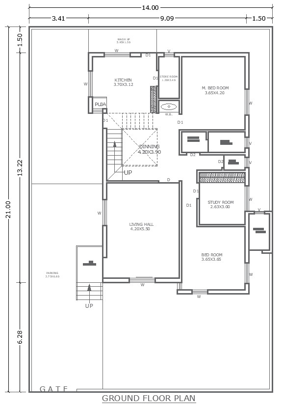 DWG Plan for 3BHK House Design on 14x21m Ground Plot