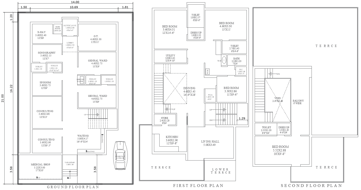 14m x 21m Ground Floor Hospital Layout With First And Second Floor House Plan AUTOCAD DWG File