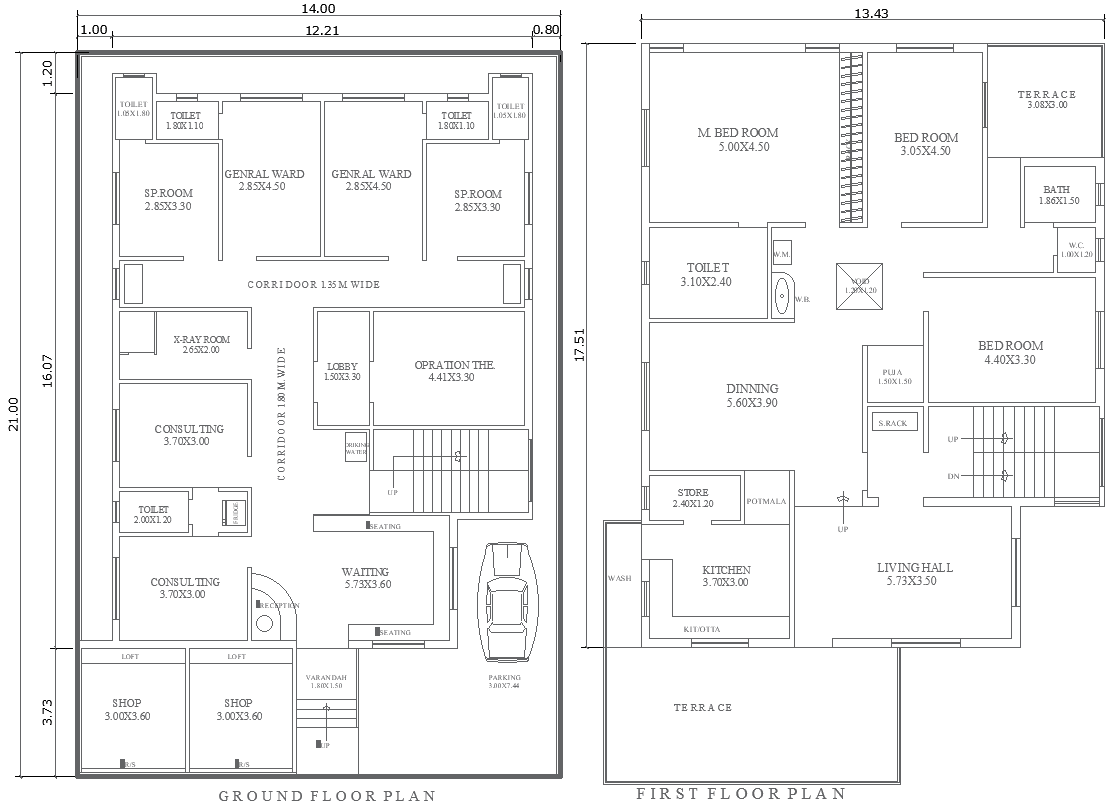 14m x 21m Ground Floor Hospital Layout with First Floor 3BHK House Plan | AutoCAD DWG File