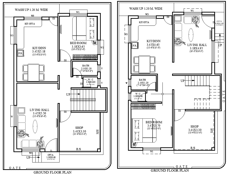 AutoCAD Drawing for 1BHK and Shop Layout 14m×9m Plan