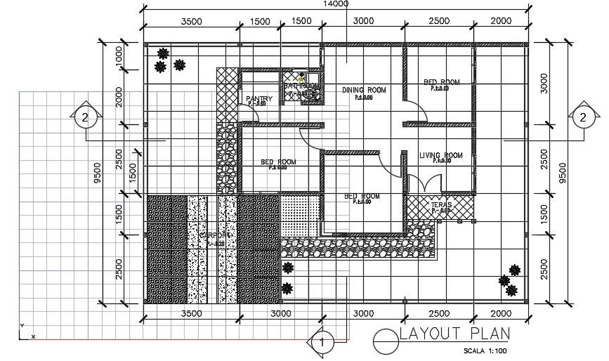 14x10m house layout AutoCAD 2D drawing is given in this file