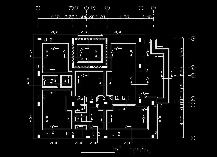 14x12m house plan foundation layout AutoCAD drawing