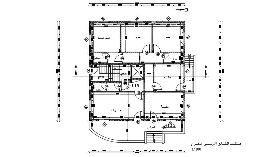 14x16 Meter 3 BHK Center Line Plan AutoCAD File