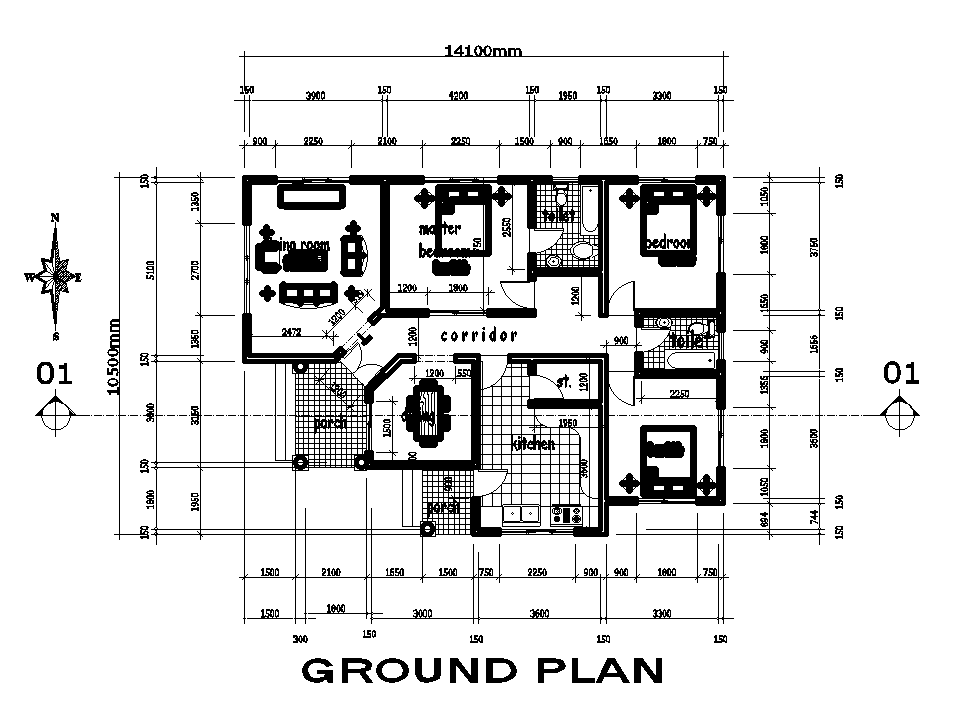 14x16m house plan is given in this Autocad drawing file. Download now.