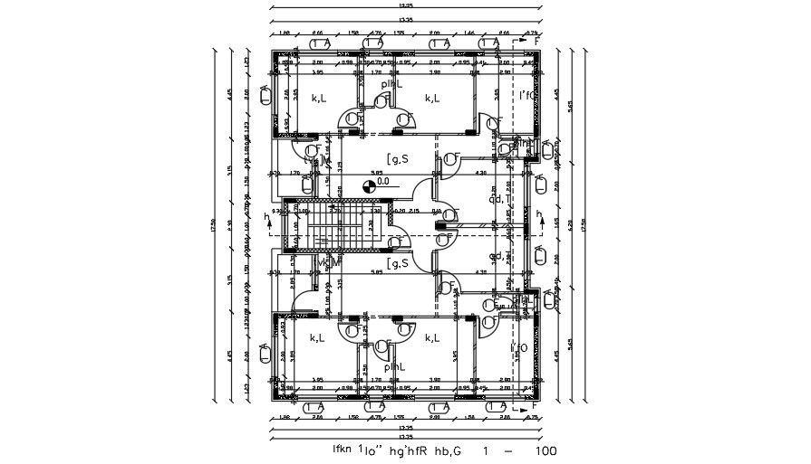 14x18 Meter 3 BHK Apartment First Floor Centerline Plan AutoCAD File