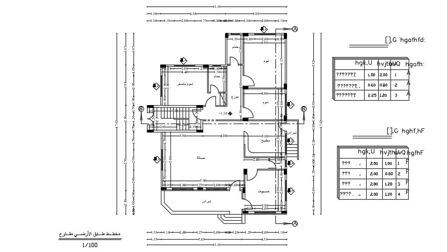 14x18 Meter 3 BHK House Center Line Plan CAD File