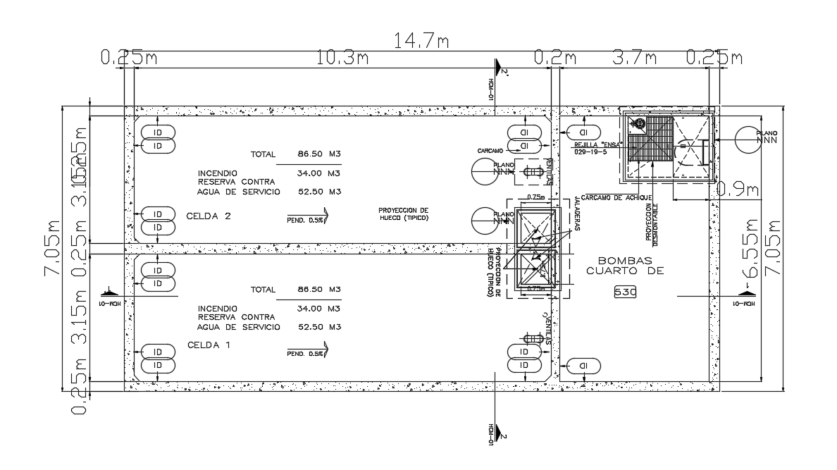 14x7m cistern plan is given in this AutoCAD drawing model.Download now.