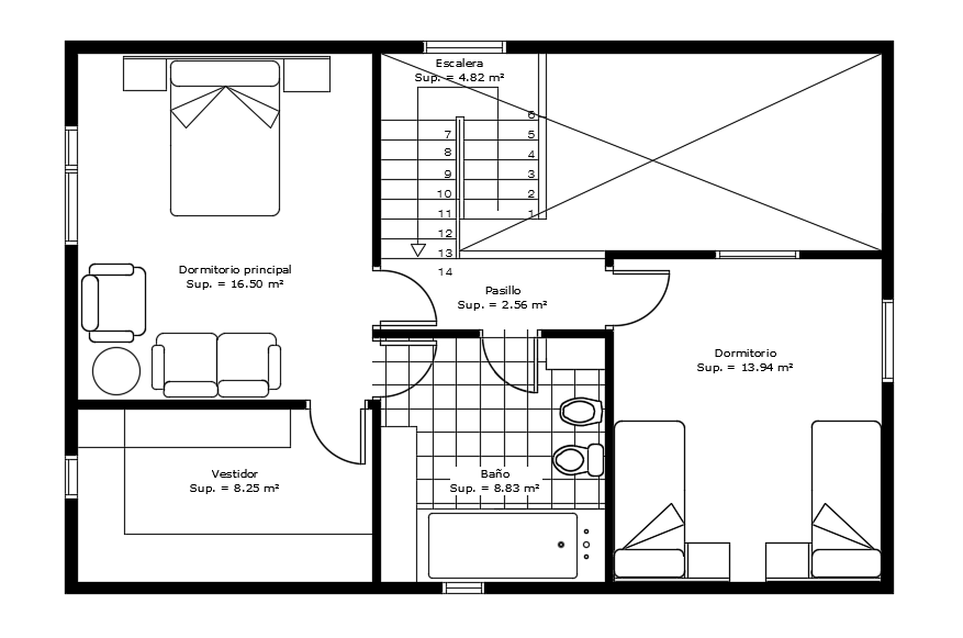 14x8m house second floor house plan furniture’s 2d drawing is given in this file