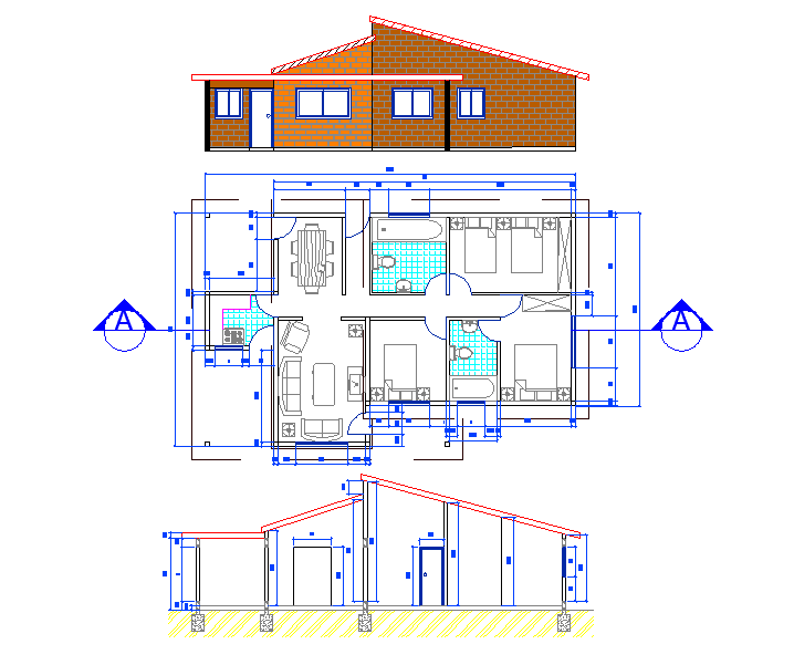 14x9 Meter 3 bhk AutoCAD plan Layout With Elevation & Section