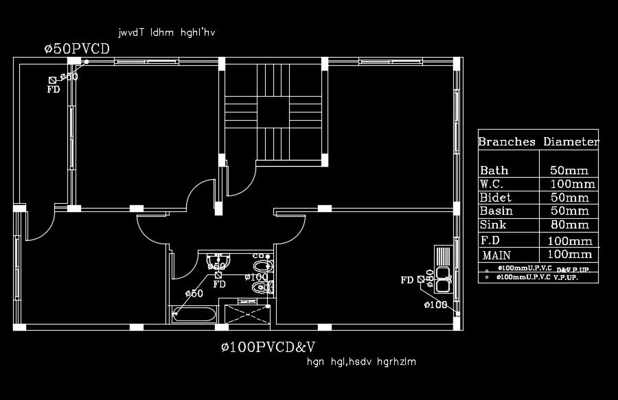 14x9m house plan of the water line branches diameter detail drawing