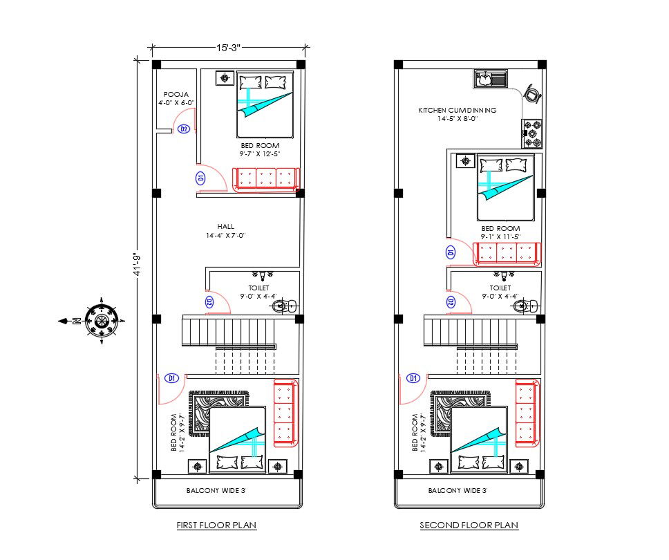 15'X50' House Plan Drawing DWG File