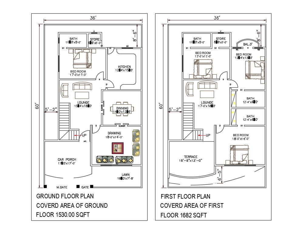 1500 SQFT House Layout Plan Drawing Download CAD File