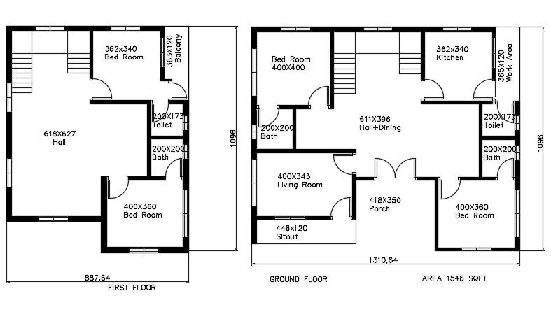 1500 Square Feet Porch House Plans Drawing AutoCAD File