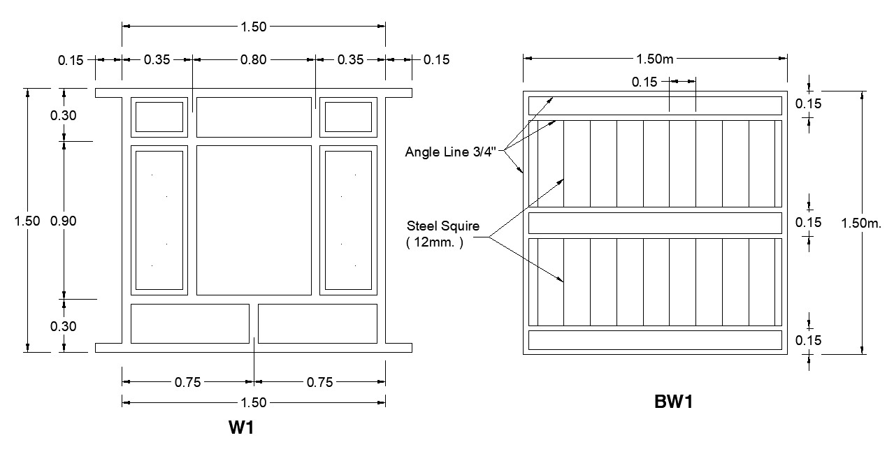 1500x1500cm window plan AutoCAD drawing