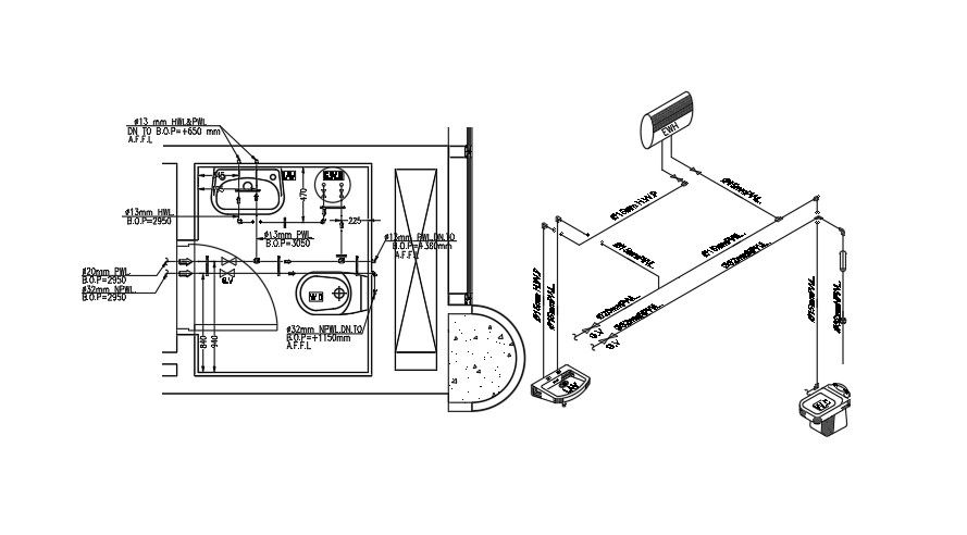 1500x1800mm toilet hot and cold water pipe line drawings