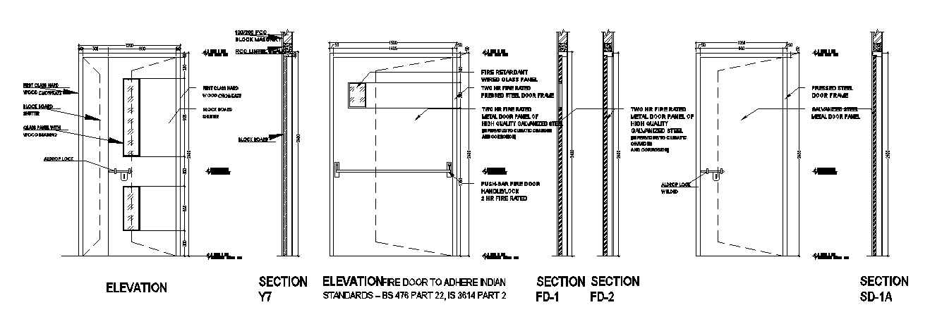 1500x2400mm door elevation and section drawing