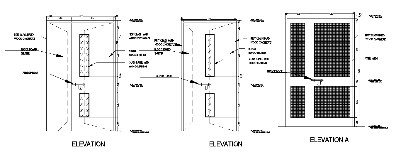 1500x2400mm door plan and elevation CAD drawing