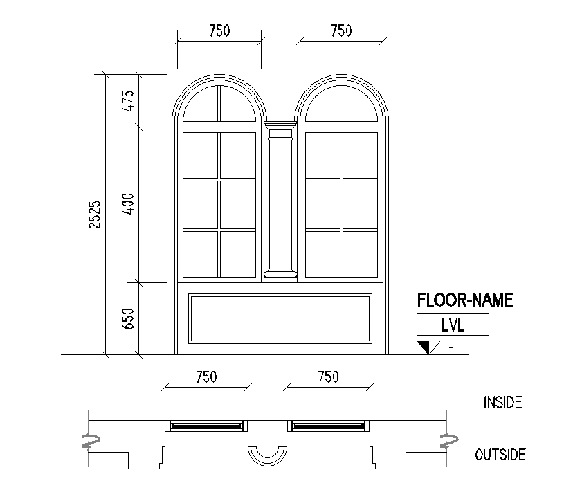 1500x2525mm Double arch type of door plan is given in Autocad drawing file. Download now.