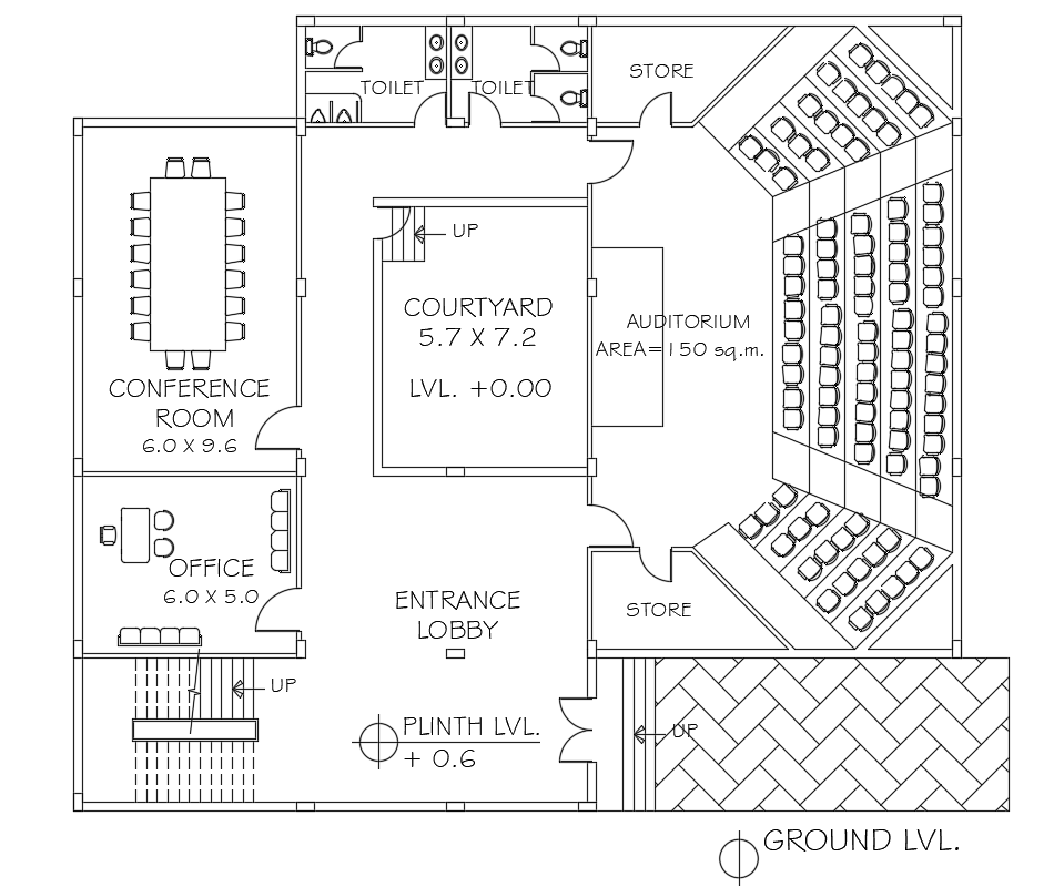 150 Sq Meter Auditorium Plan AutoCAD Drawing DWG File