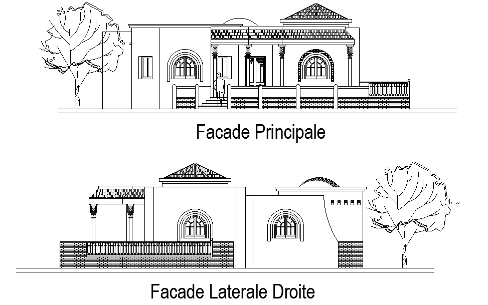 150 Square Meter House Building Front And Right Side Facade Drawing DWG File