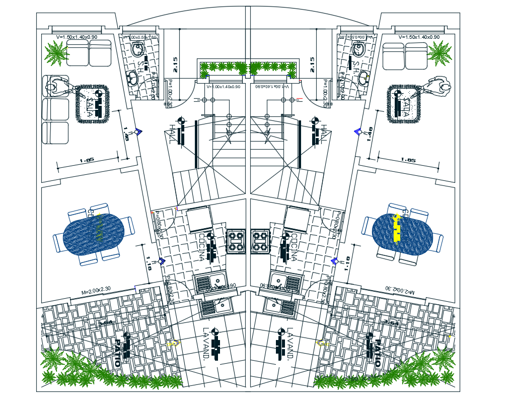 150 Square Meter Joint House Ground Floor Plan AutoCAD Drawing DWG File