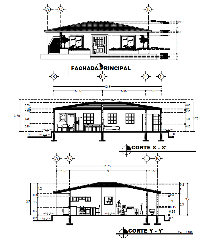 150 Square Meter Single Storey House Building Front Elevation And Section Drawing DWG File