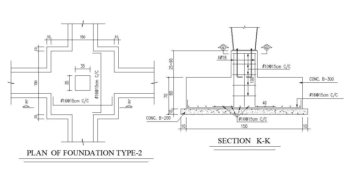 150X150mm Foundation Plan And Section Drawing Download DWG File