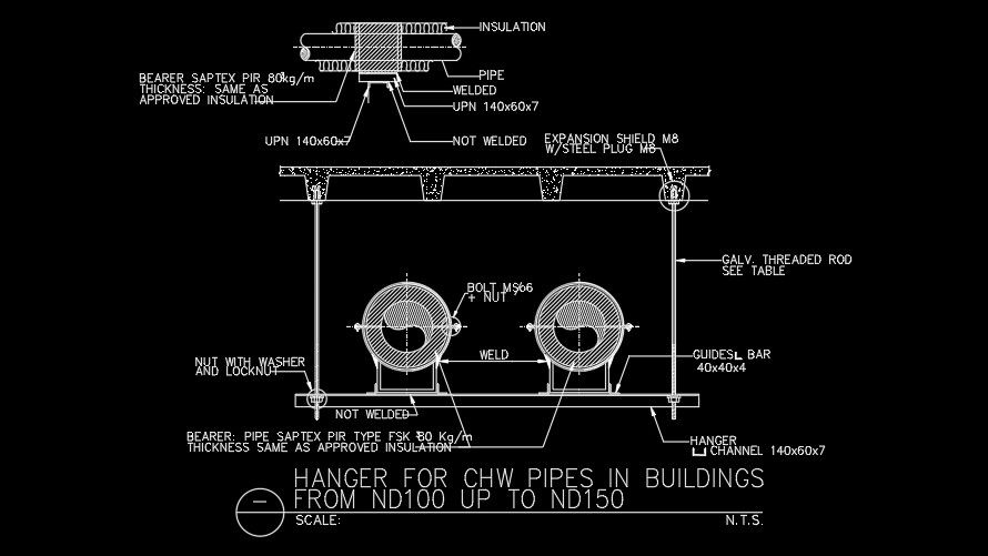 150mm hanger for CHW pipes in wall drawing