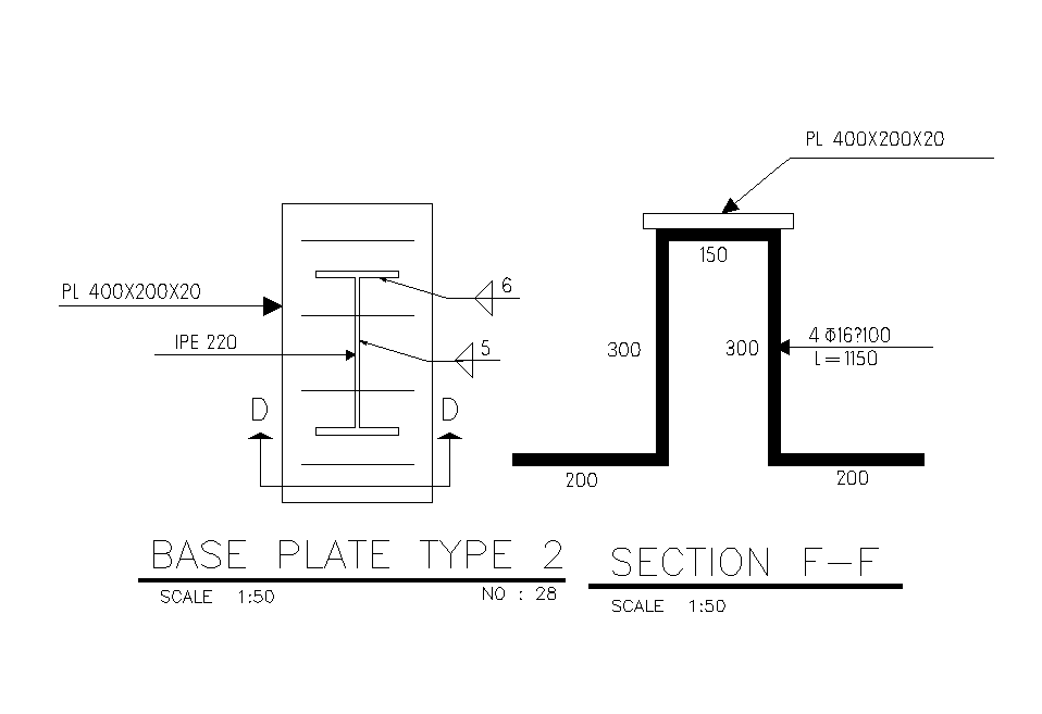 150x200mm base plate plan and section view is given in this AutoCAD drawing model.Download now.