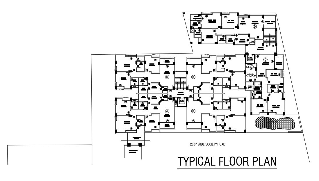 155’x125’ apartment third floor plan is given in this Autocad drawing file. Download the Autocad model.