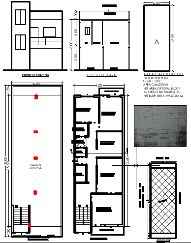 15.6x6m House Plan in AutoCAD DWG with Elevation and Section
