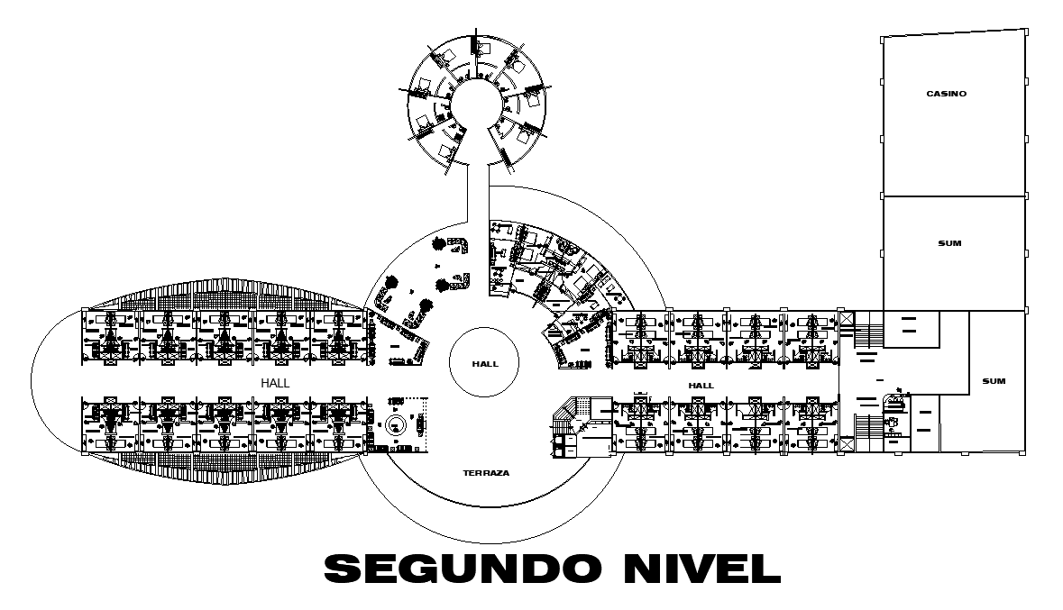 156x95m second floor hotel plan is given in this AutoCAD drawing model. Download now.