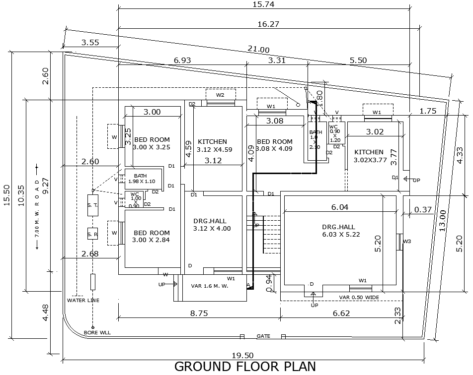 AutoCAD Layout 15.74mx15.50m 3BHK Ground Floor Design